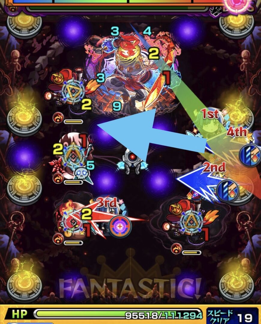 ボス2で挟まりルートが見えないため雑魚処理を優先し、かちリンとガンマンを倒した場面