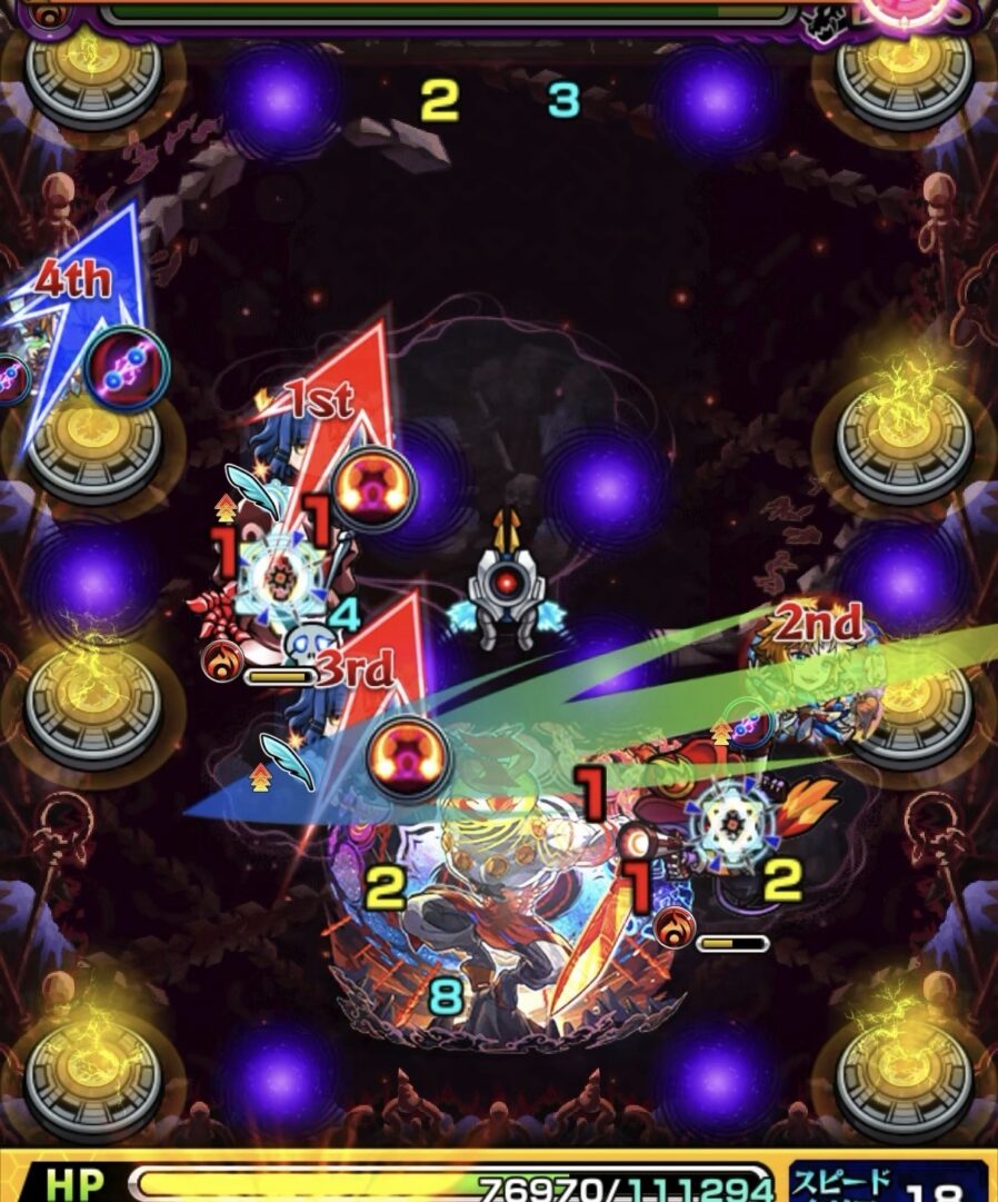 ボス2で反射キャラの良い配置を活かしてゾンビのバリアを破壊し弱点攻撃で雑魚処理しボスを実体化させた場面