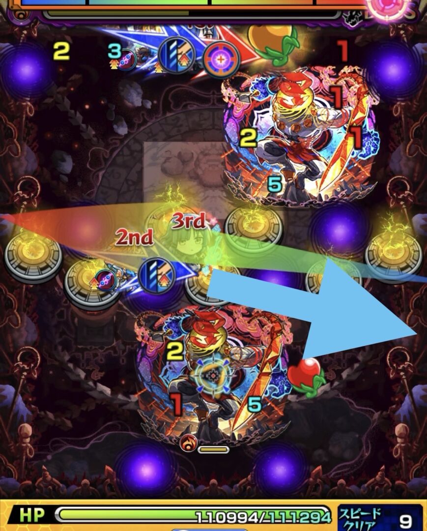 ボス3で反射キャラでバリア破壊を狙うも破壊しきれず貫通キャラで弱点攻撃できなかった場面
