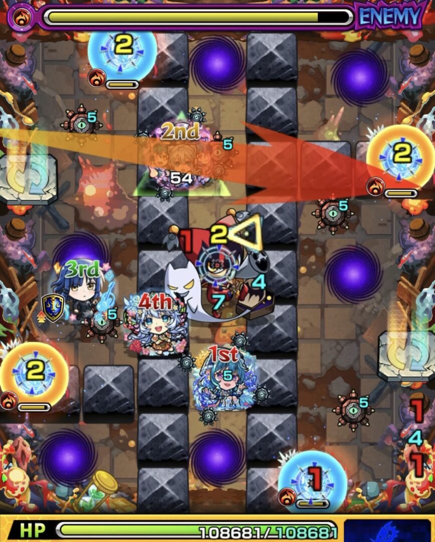 赤の魔導師でピエロを防御ダウンさせ、撃種変化パネルで貫通化して弱点を攻撃し撃破する場面