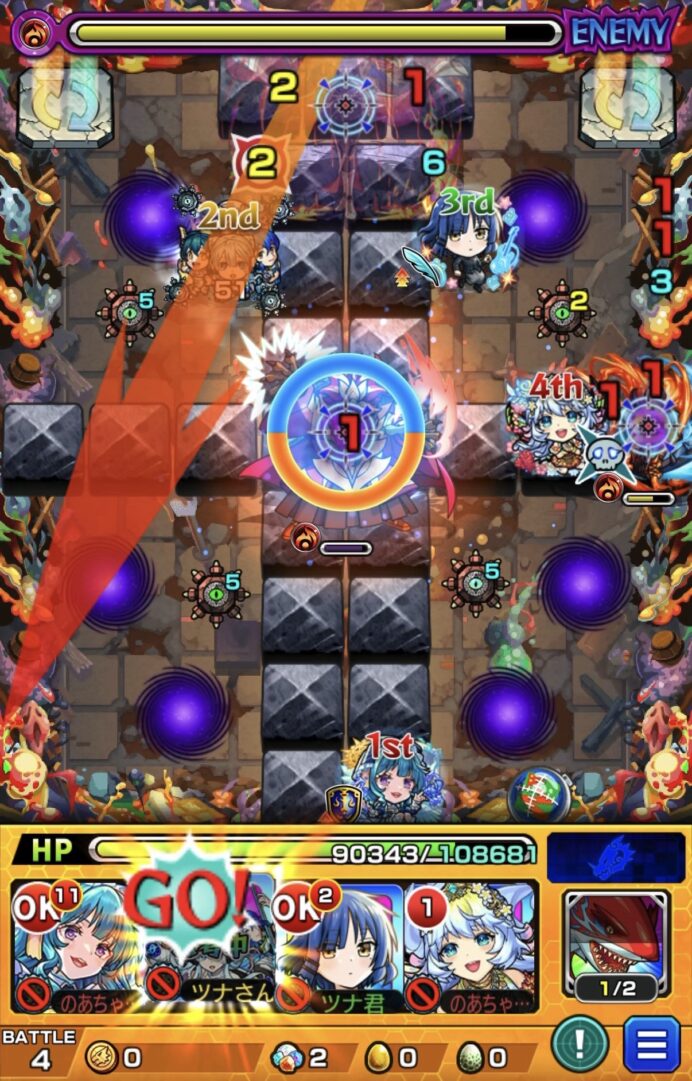 さよならグラビティのSSでスルトを防御ダウンさせて撃破し、味方をアクセラ状態にする場面
