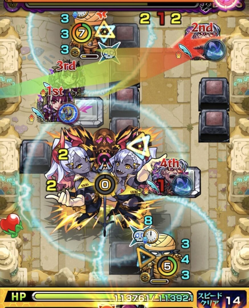 未開の砂宮 拠点29 ボス3の4手目。遅延効果で実体化したボスに対し、ゾンビ2体を同時処理しながら多重接触防御ダウンを17カウントまで稼ぐ立ち回り