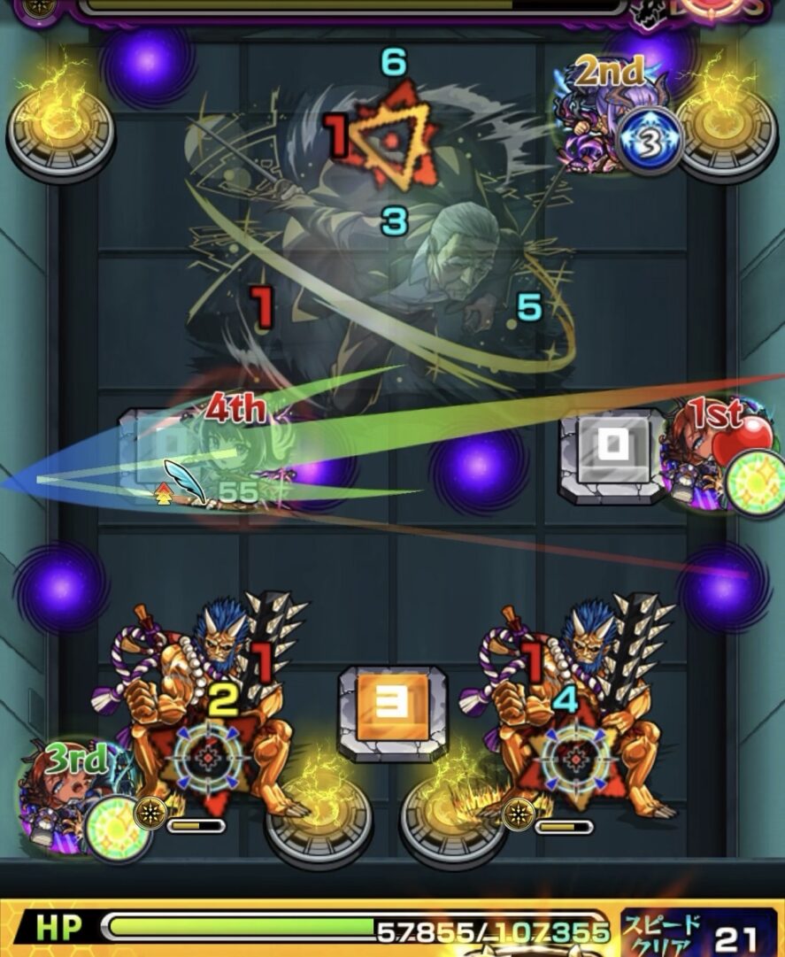 超究極「篁」ボス3で左壁反射からウォールチェンジパネルをレベル1で踏み防御ダウンを狙うが失敗し、鬼へ十分なダメージを与えられなかった場面。