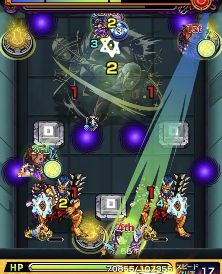 超究極「篁」ボス3で右上の角から2壁触れ後にウォールチェンジパネルをレベル2で発動し、左の鬼を処理している場面。
