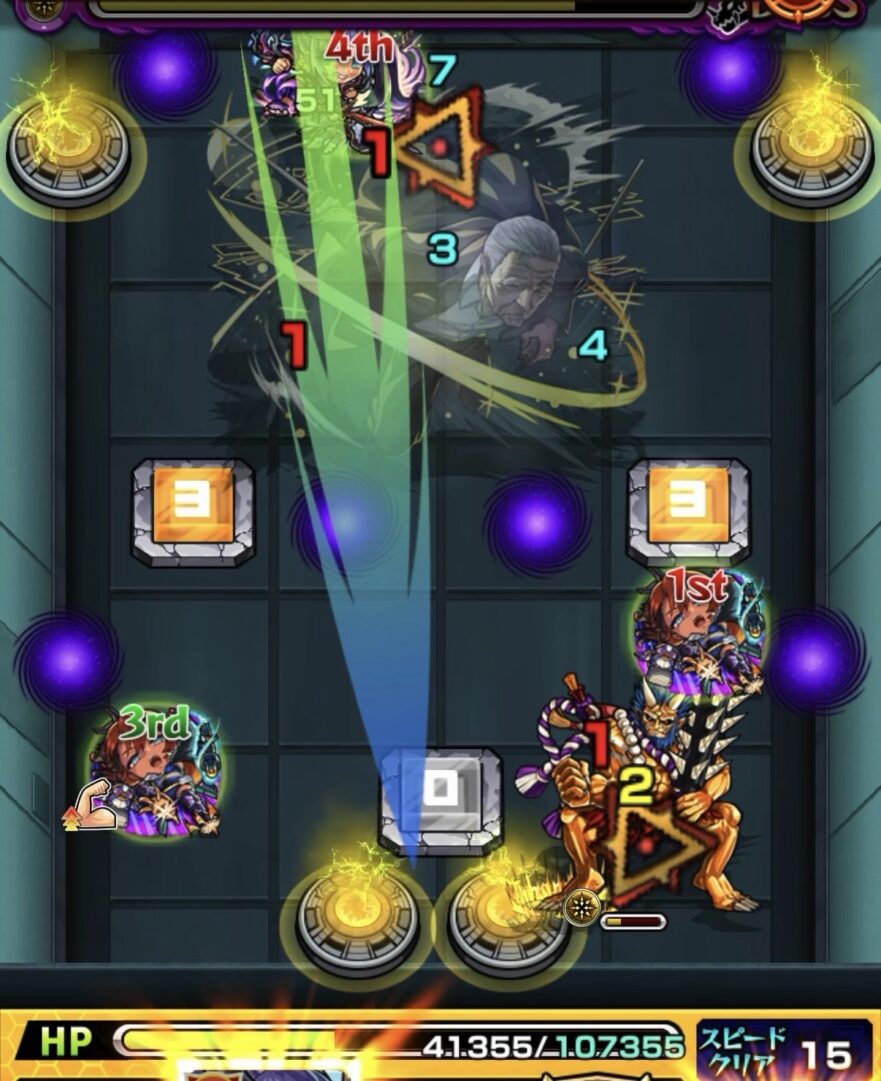 超究極「篁」ボス3で下壁反射からウォールチェンジパネルをレベル1で発動し、鬼を処理してボスが実体化している場面。