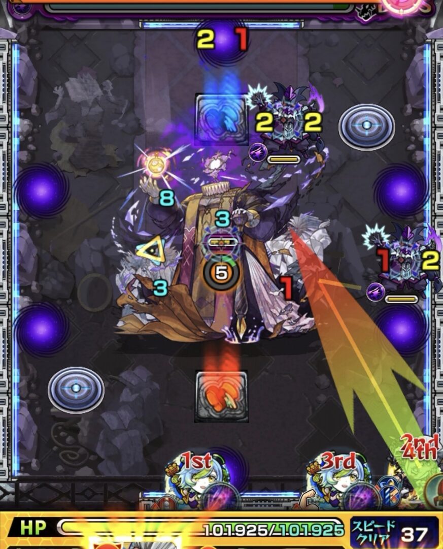 魔導師とボスの間で反射しながら多重接触防御ダウンのカウントを13まで溜め、魔導師2体を処理した場面