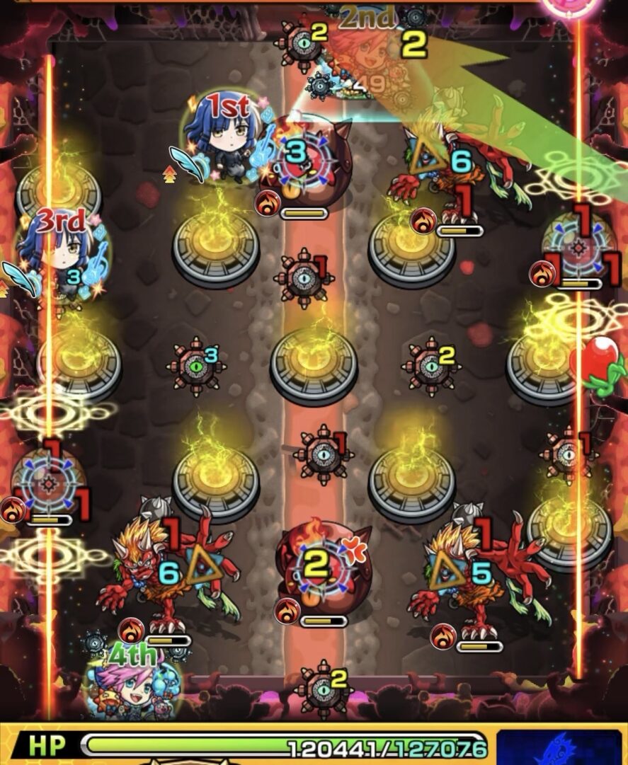 スカルミリオーネ【超究極】ステージ3の2手目。上壁反射からセンサーを経由し、上側の鬼とハンシャインのあいだに挟まって敵を処理している場面。