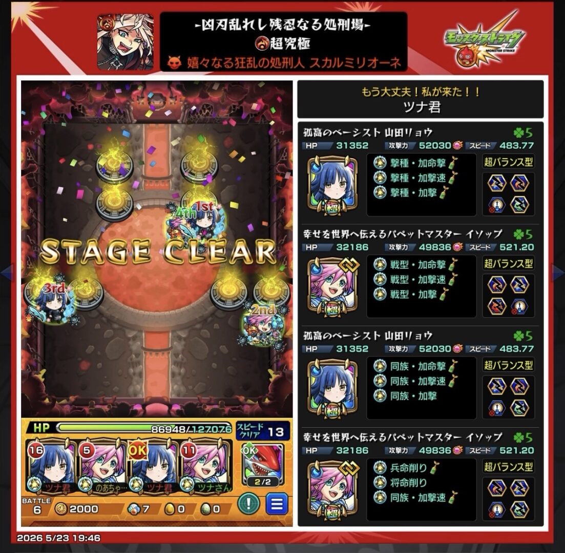 スカルミリオーネ【超究極】を山田リョウ2体とイソップ2体編成でクリアした際のステージクリア画面。加撃系の実を中心に編成し、水属性反射タイプで攻略している様子。