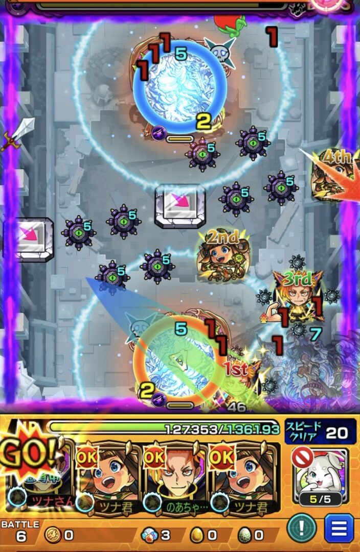 黄泉の星墓ボス第3ステージでジュゲムのストライクショットとラーの壁カンにより、バハムート2体を同時処理してクロスドクロを発動させた場面
