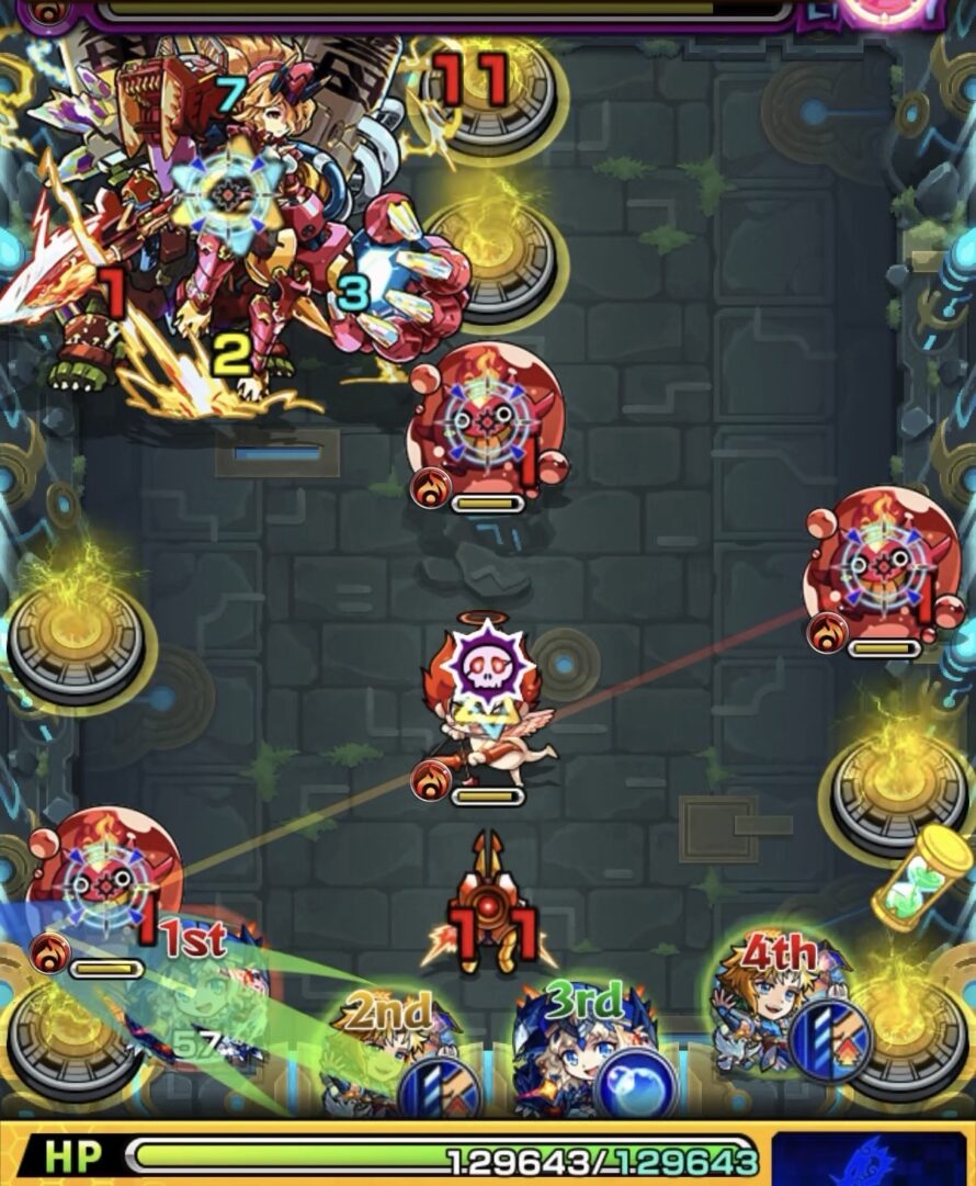 ステージ1の1手目。ぷよリン3体と天使を同時処理し、ヒーリングウォールとフォトンを展開した場面