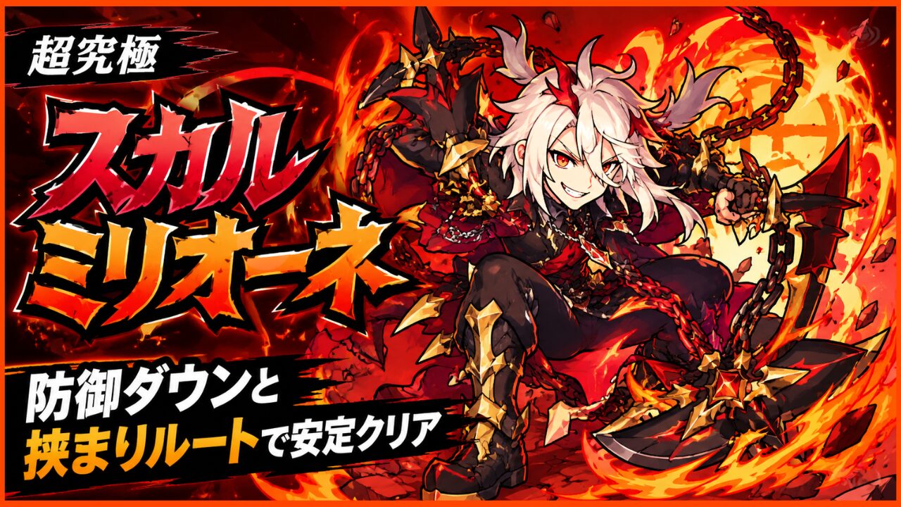 モンスト超究極スカルミリオーネの攻略アイキャッチ画像。火属性のオリジナルボス風キャラと、防御ダウンや挟まりルート攻略をイメージしたデザイン。
