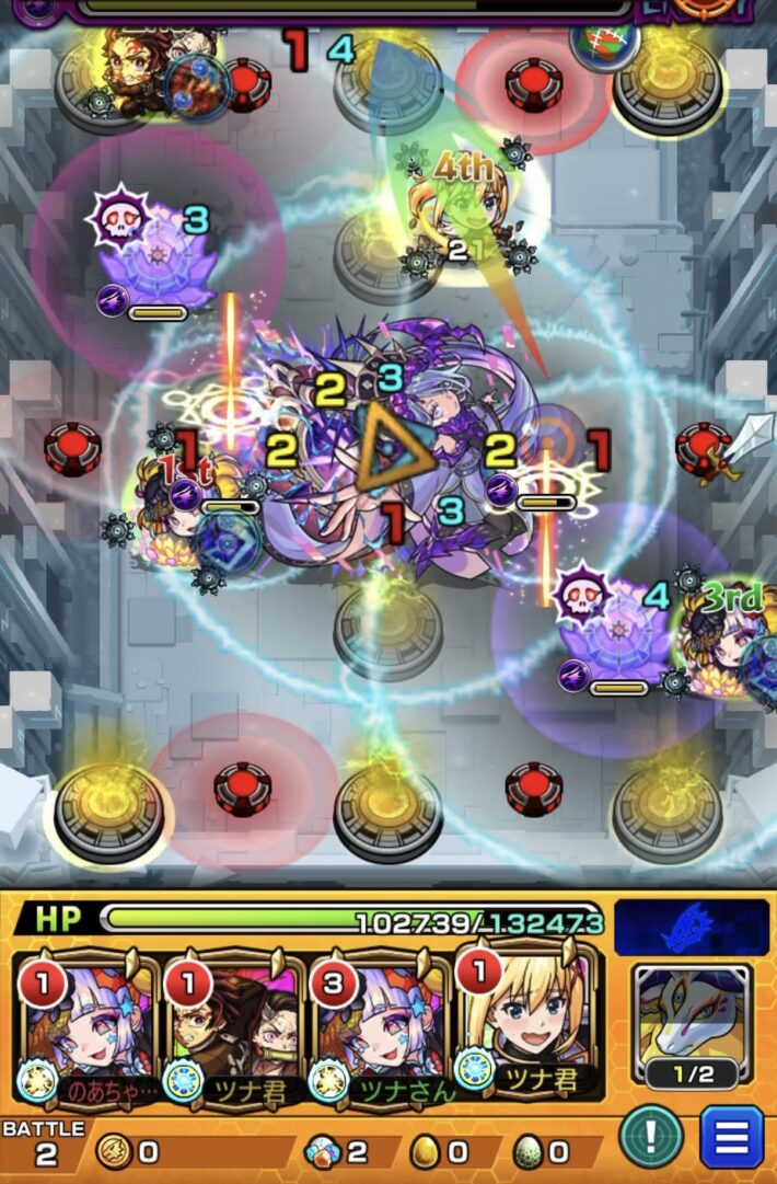 メラン&コリンの星墓ステージ2。ダクネスを減速床中央付近へ配置し、次の攻撃に備えた場面。