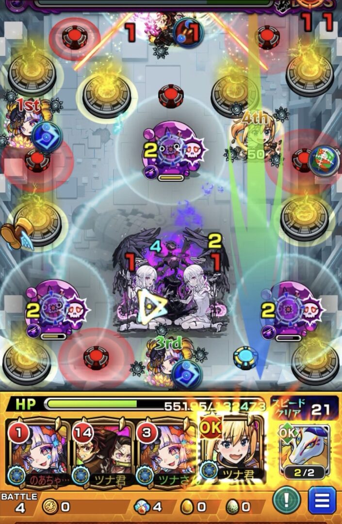 メラン&コリンの星墓ボス1。ボス2のSSワンパンに備え、ダクネスをグローボム付近の下壁へ配置した場面。