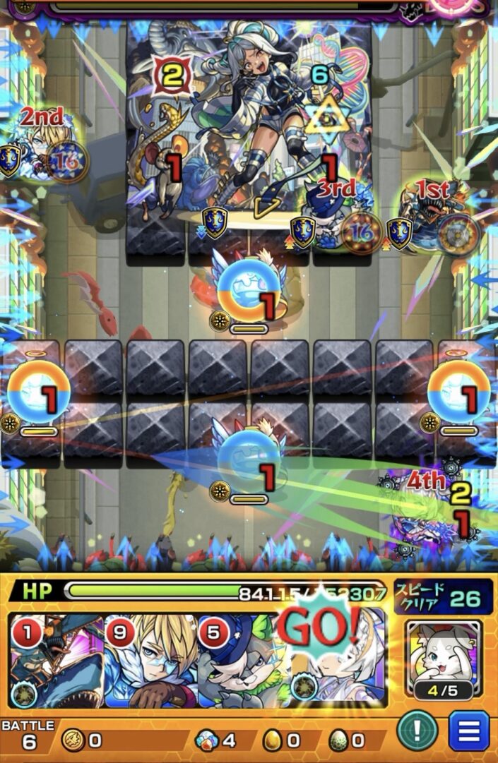 ボス3で、マギアのストライクショットを使用し、はやリンで防御力ダウン状態を維持した後、天使でHPを回復しながらボスの弱点を攻撃して大ダメージを与えた場面。