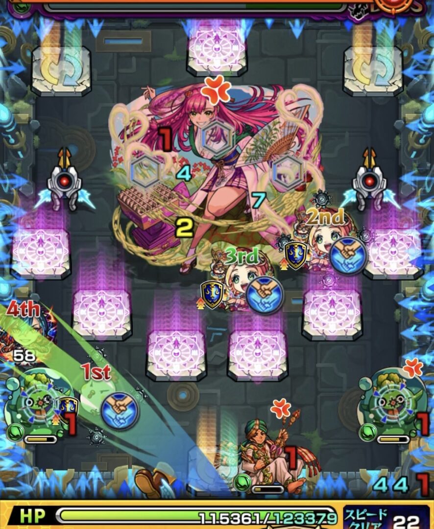 ボス第1ステージの2手目。ぷよリンを1体処理し、ボスとビットンの間に挟まってボスへ大ダメージを与えた場面
