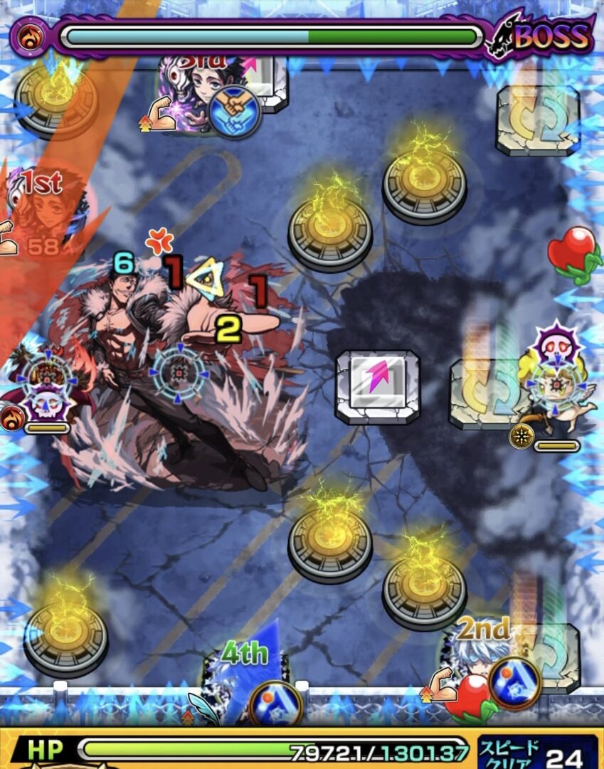 モンスト超究極「大砲 石流龍」ボス1で、魔導師と天使を順番に処理し、ランチャーパネルを活用しながらボスへ大ダメージを与えた場面