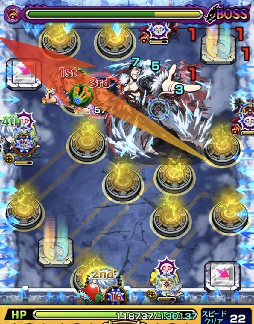 モンスト超究極「大砲 石流龍」ボス2で、魔導師と天使を順番に処理し、ランチャーパネルを活用してボスへ大ダメージを与えた場面
