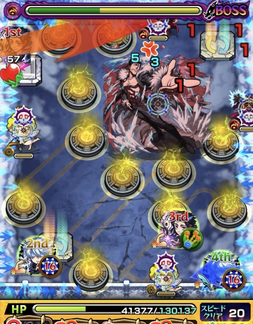 モンスト超究極「大砲 石流龍」ボス2で、魔導師と天使を順番に処理し、ランチャーパネルを活用しながらボスへ大きなダメージを与えた場面