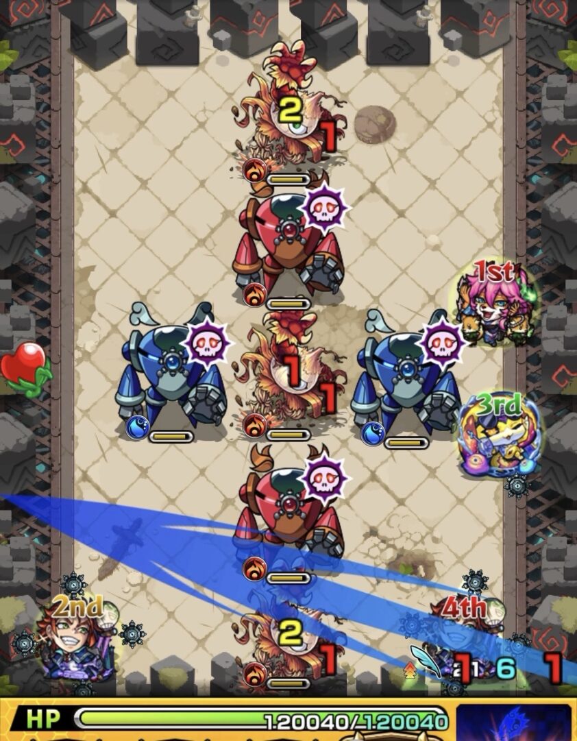 神獣の聖域「リウ・イン」ボス2。タマネギヘッドの処理を狙ったものの倒し切れず、最後に赤の地雷ロボを倒したことで敵が攻撃力アップした場面