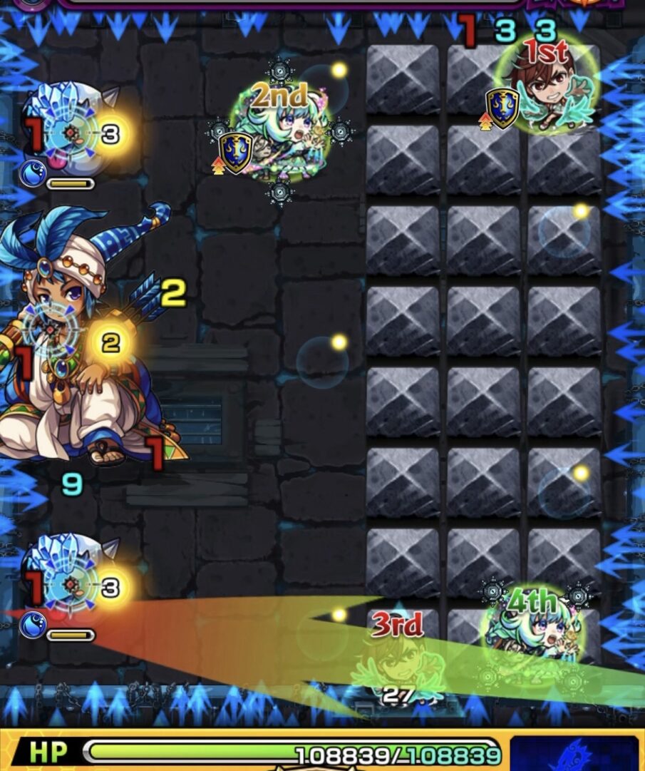 ラシードのステージ3で薄く上方向へ弾き、フォトンを2個付与して防御ダウンした中ボスへ大ダメージを与える1手目