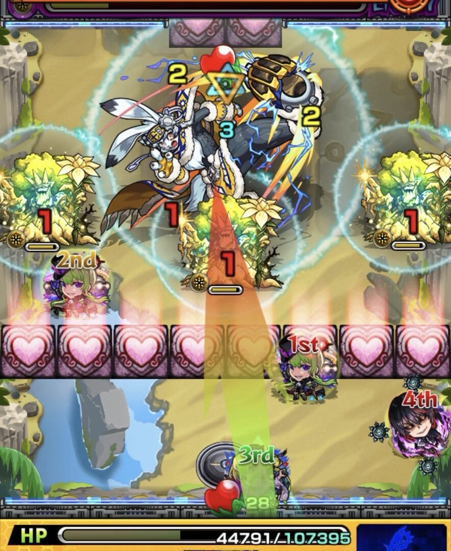 エシカルのステージ1で、わくわくウッドを透明化させ、ハートパネルでHPを回復しながら友情コンボと直殴りでミューランに大ダメージを与えた場面