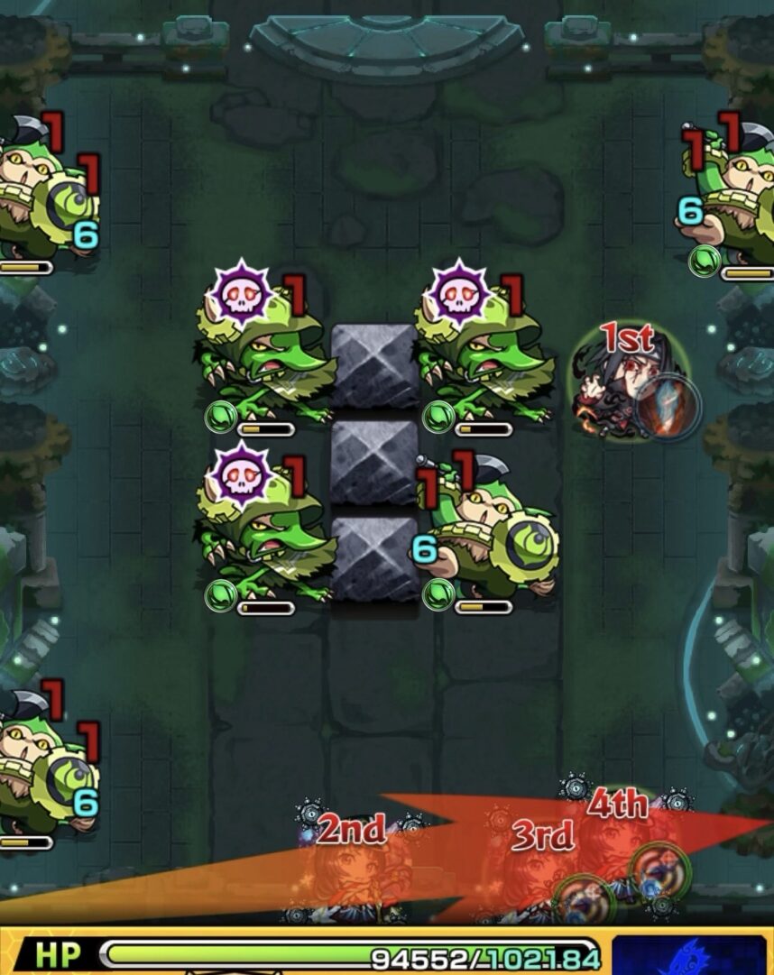 神獣の聖域ガラゴーラエリア「ガラゴーラ」のステージ1で、味方にふれて友情コンボと直殴りで魔導師3体とゴリラ1体を倒した場面