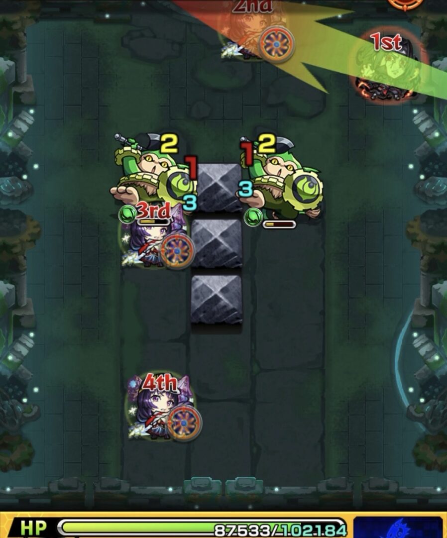 神獣の聖域ガラゴーラエリア「ガラゴーラ」のステージ1で、味方にふれながら友情コンボと直殴りで右側のゴリラを倒した場面。