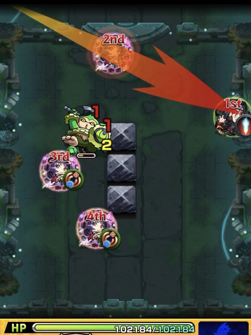 神獣の聖域ガラゴーラエリア「ガラゴーラ」のステージ1で、右壁に反射して味方にふれ、友情コンボと直殴りで最後のゴリラを倒してステージを突破した場面。