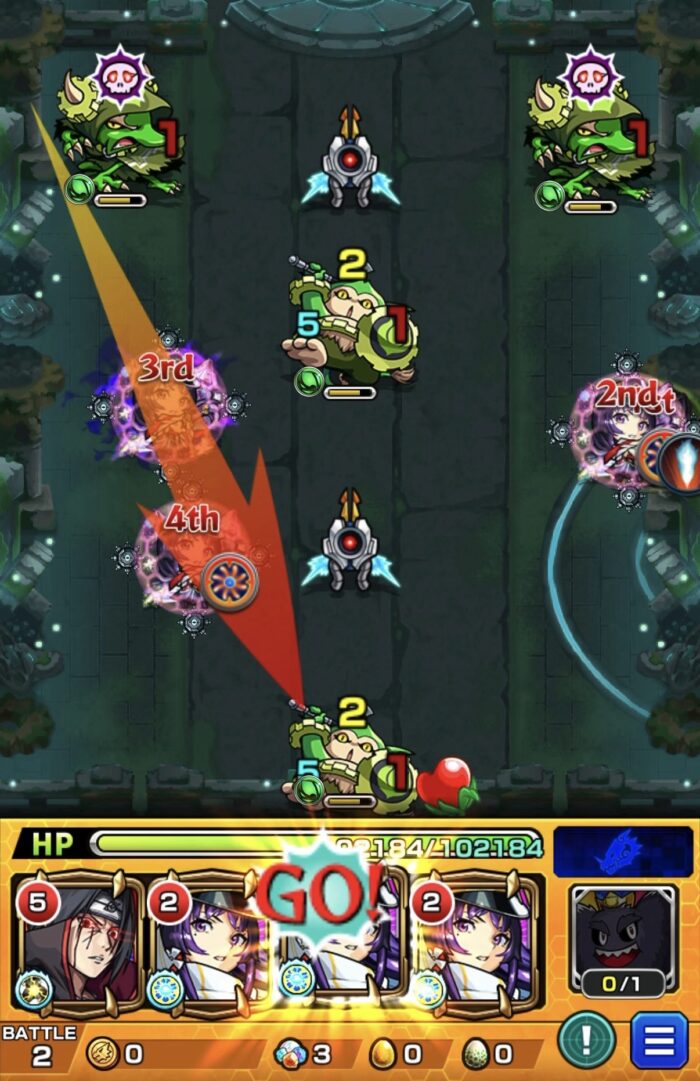 神獣の聖域ガラゴーラエリア「ガラゴーラ」のステージ2で、リンネのストライクショットを使用して敵を一掃し、守護獣「キングクロッチ」の発動条件を満たしてステージを突破した場面。
