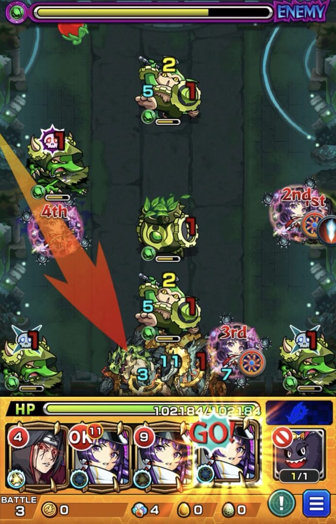 神獣の聖域ガラゴーラエリア「ガラゴーラ」のステージ3で、リンネのストライクショットを使用し、中ボスと雑魚敵を一掃してステージを突破した場面。
