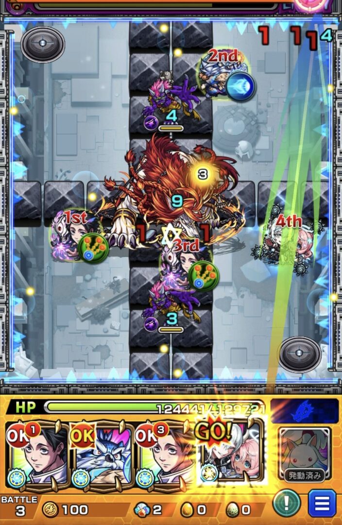 ニギミタマの星墓 ステージ3 エボニー&アイボリーのストライクショットでフェンリルを防御ダウンさせ、大ダメージを与えながら鬼2体を処理した場面