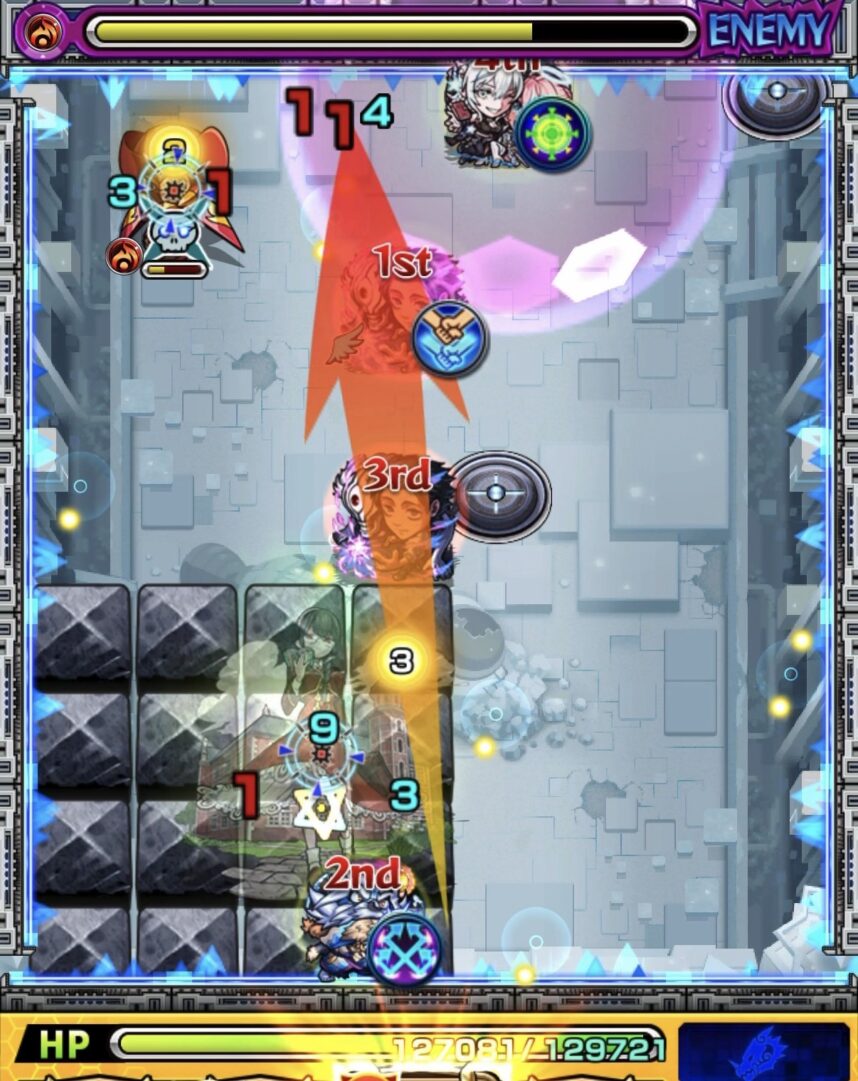 ニギミタマの星墓 ステージ4 ハンシャインを防御ダウンさせて処理し、クロスドクロの発動で中ボスと鬼2体が出現した場面