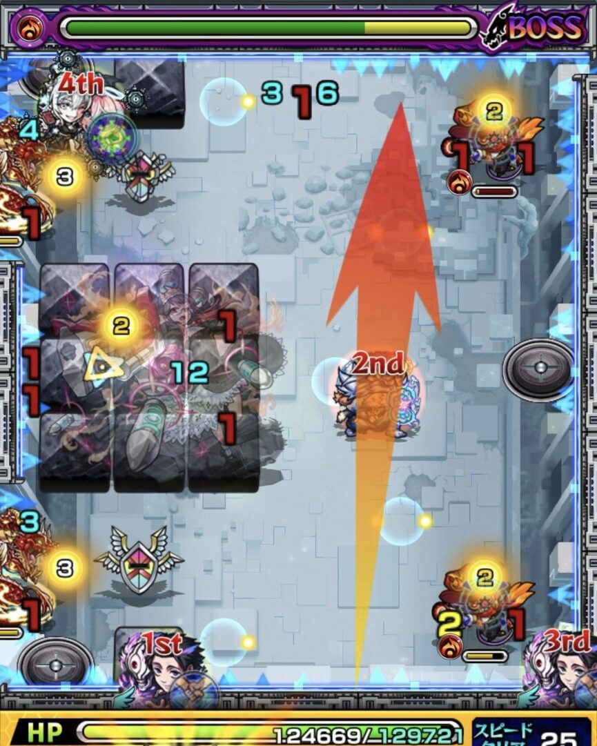 ニギミタマの星墓 ボス1 下側のガンマンを防御ダウンさせ、直殴りと友情コンボで大きなダメージを与えた場面