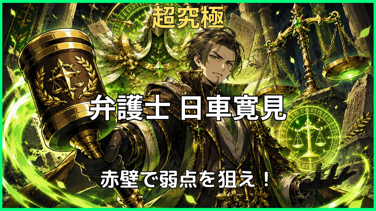 モンスト 呪術廻戦コラボ超究極「弁護士 日車寛見」攻略アイキャッチ。パワーチェンジウォールを赤壁状態にして弱点を攻撃する攻略を紹介。