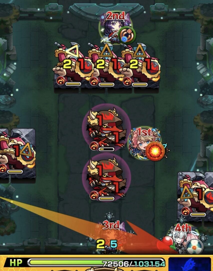 神獣の聖域「レキオウエリア・レキオウ」ステージ1で友情コンボを発動し、フード雑魚とゴリラの同時処理を狙った場面