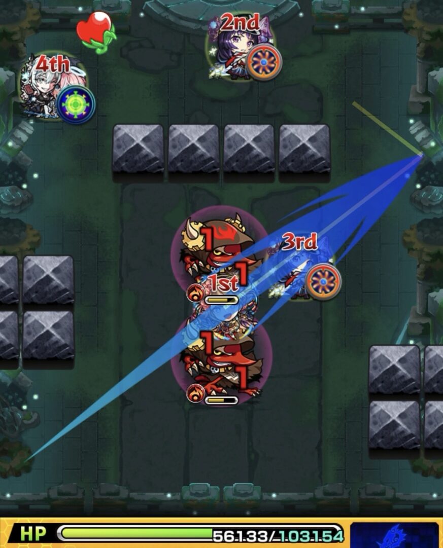 神獣の聖域「レキオウエリア・レキオウ」ステージ1で友情コンボと直殴りを組み合わせてフード雑魚を攻撃した場面