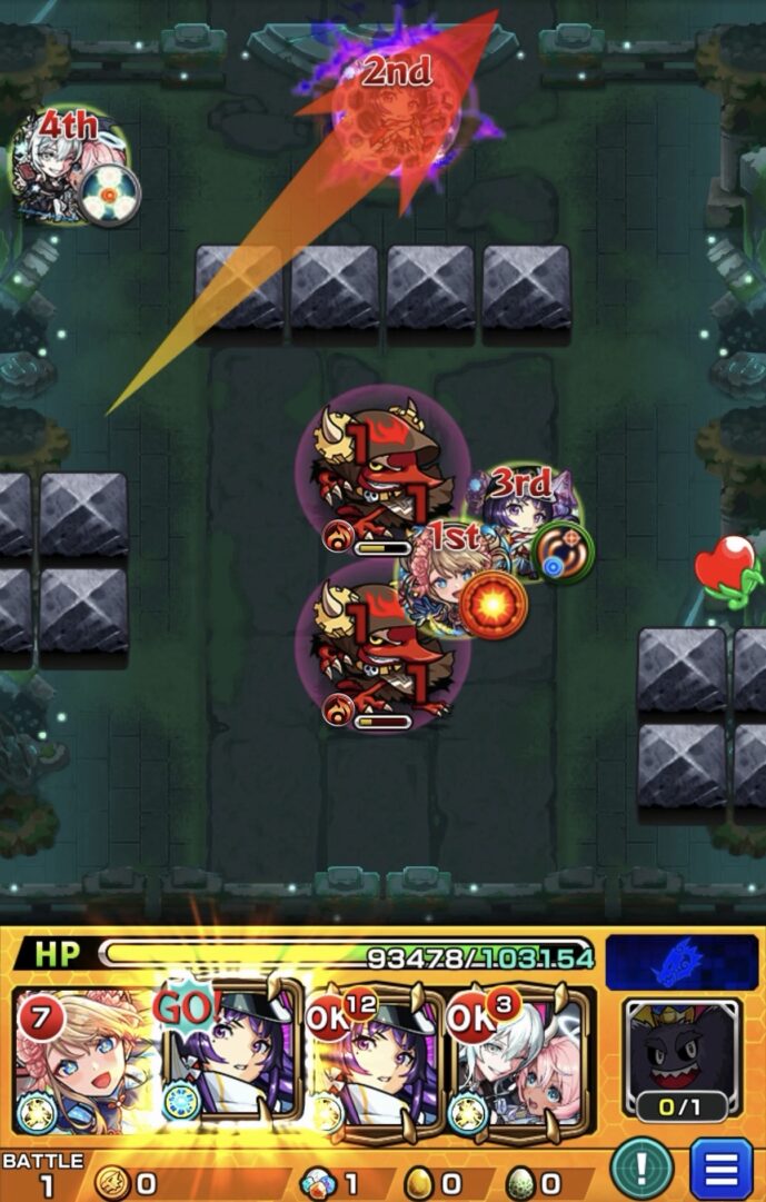 神獣の聖域「レキオウエリア・レキオウ」ステージ1でリンネのストライクショットを使用し、フード雑魚2体を同時処理して突破した場面