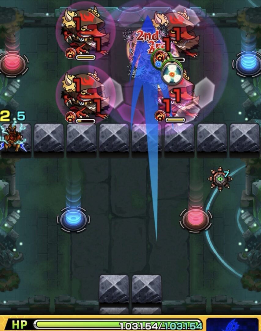 神獣の聖域「レキオウエリア・レキオウ」ステージ2で友情コンボと直殴りを組み合わせ、フード雑魚の同時処理を狙った場面