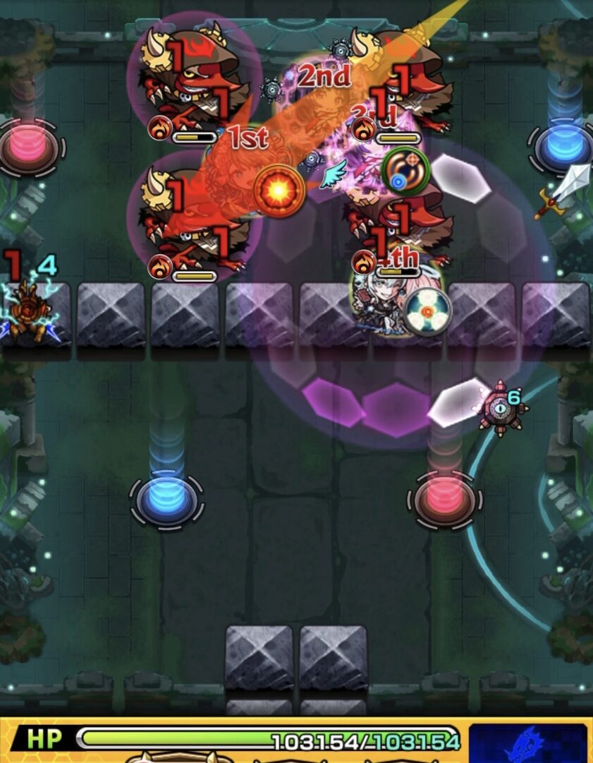 神獣の聖域「レキオウエリア・レキオウ」ステージ2で友情コンボを発動し、フード雑魚の処理を狙った場面