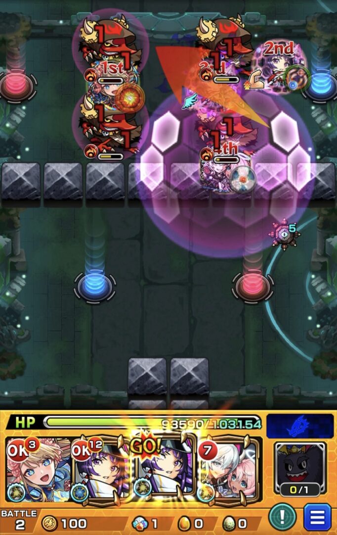 神獣の聖域「レキオウエリア・レキオウ」ステージ2でリンネのストライクショットを使用し、フード雑魚4体を同時処理して突破した場面