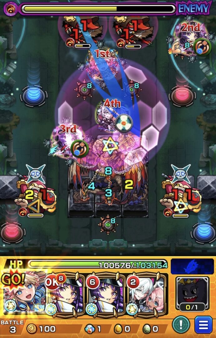 神獣の聖域「レキオウエリア・レキオウ」ステージ3で神農のストライクショットを使用し、攻撃力アップバフを付与してゴリラ2体を同時処理した場面