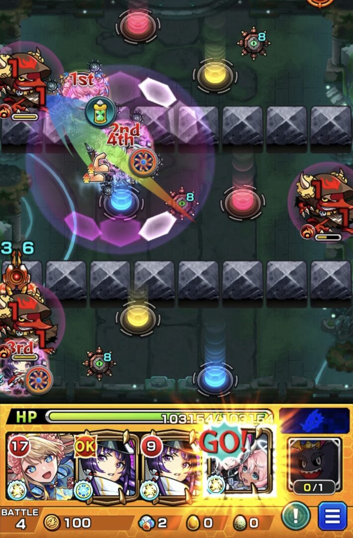 神獣の聖域「レキオウエリア・レキオウ」ステージ4でエボニー&アイボリーのストライクショットを使用し、フード雑魚3体を同時処理して突破した場面