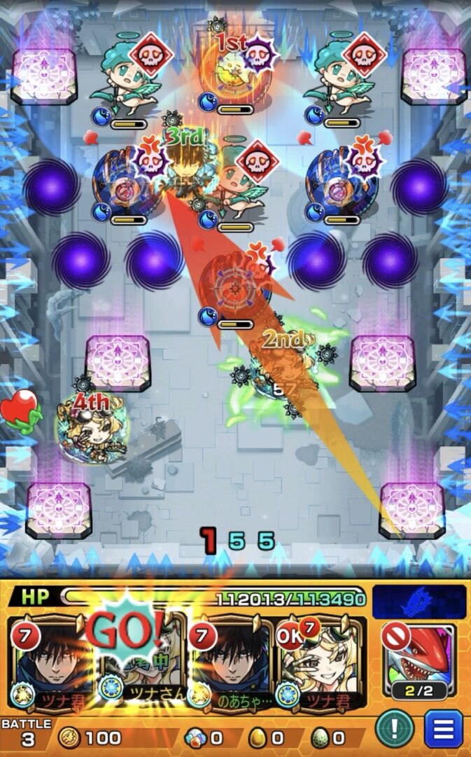 桃源郷の星墓 ステージ3 風火輪αのストライクショットでギャラクシー2体の攻撃力をダウンさせ、1体を処理したものの、防御アップできずダメージを受けた場面