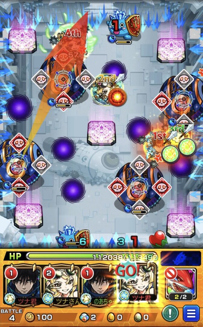 桃源郷の星墓 ステージ4 風火輪αのストライクショットでギャラクシー4体の攻撃力をダウンさせ、左下のギャラクシー1体を処理した場面