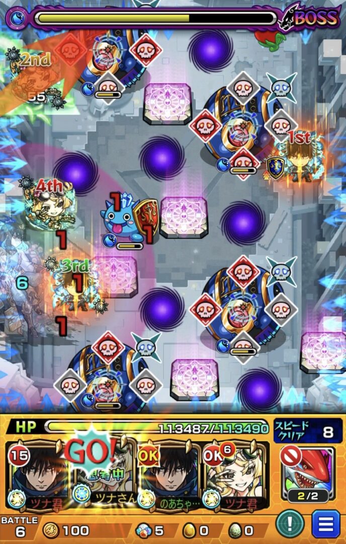桃源郷の星墓 ボス2 風火輪αのストライクショットで上側のギャラクシーを経由して味方にふれ、ギャラクシー4体の攻撃力をダウンさせながら全体へ大ダメージを与えた場面