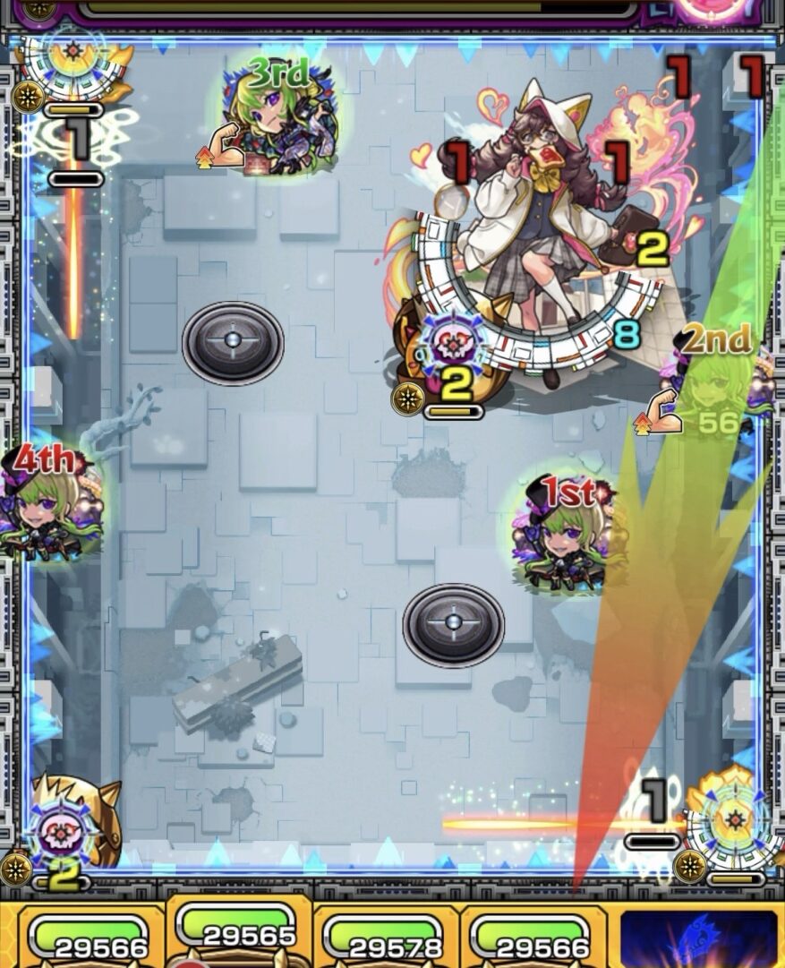 下壁で反射しながらセンサーにふれて攻撃力アップバフを発動し、かちリンを処理してHPを回復。その後、中ボスへ友情コンボと直殴りで大ダメージを与えた場面。