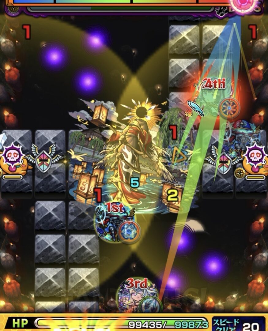 超究極・麗夏映夢ボス1で剣リンにふれて攻撃力をアップし、ボスの弱点を攻撃して大ダメージを与える場面