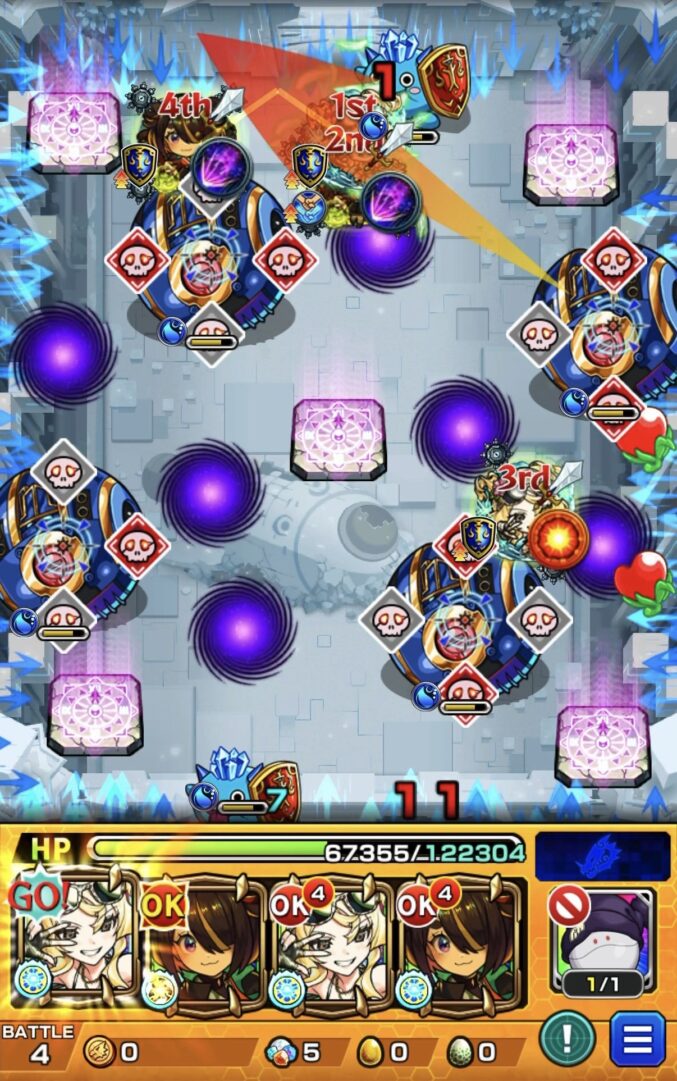 桃源郷の星墓ステージ4の1手目で風火輪αのストライクショットを使用し、ギャラクシー4体を攻撃力ダウン状態にする場面