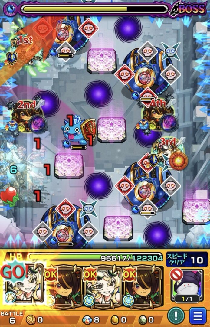 桃源郷の星墓ボス2の1手目で風火輪αのストライクショットを使用し、ギャラクシー1体を処理して残り3体の攻撃力をダウンさせる場面