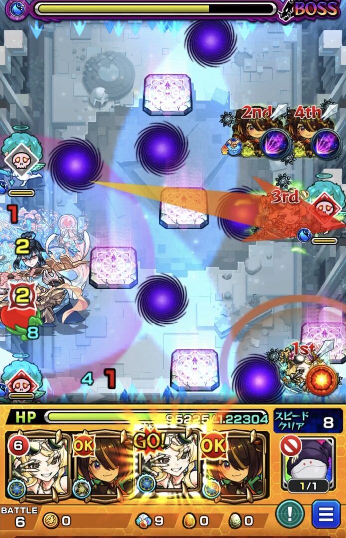 桃源郷の星墓ボス2の3手目でイラプションに備えて風火輪αのストライクショットを使用し、防御アップを発動しながらボスの攻撃力をダウンさせる場面
